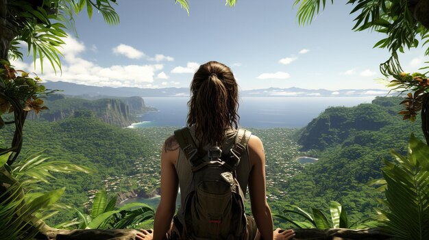 A girl wearing a bag and sitting on a mountain