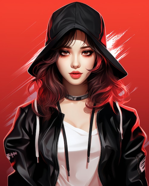 a girl wearing a black hoodie and red lipstick