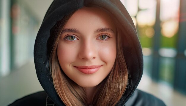 Photo a girl wearing a black jacket with a hood