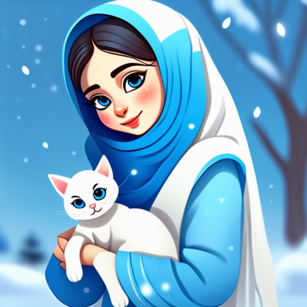 손에 흰 고양이와 파란색 hijab를 착용하는 소녀