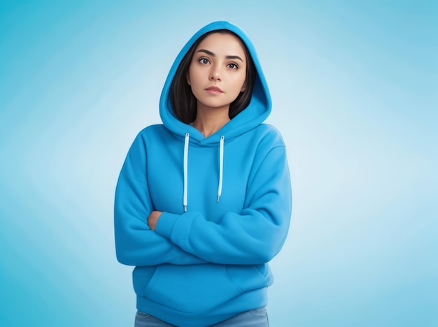 A girl wearing a blue hoodie on a blue background