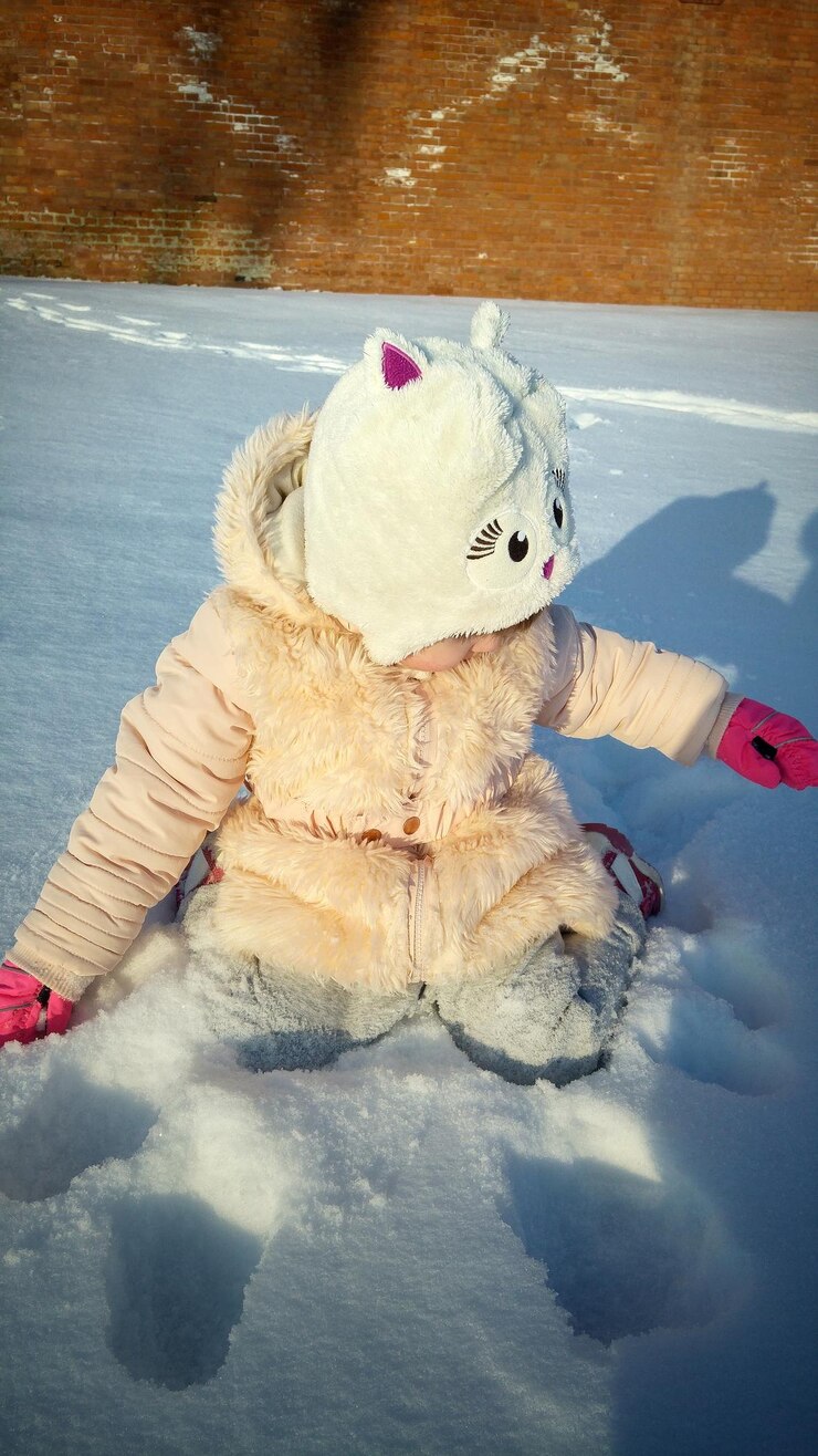 Photo girl wearing fur jacket while playing with snow on field