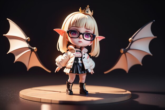 Girl wearing glasses has bat wings shape toy model cute cartoon wallpaper illustration background