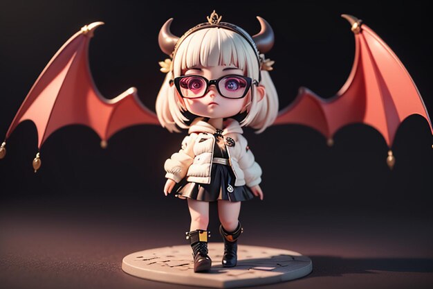 Girl wearing glasses has bat wings shape toy model cute cartoon wallpaper illustration background