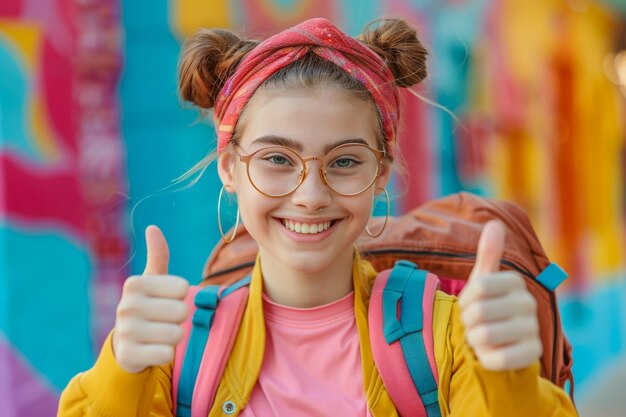 Foto una ragazza con gli occhiali e una camicia rosa con uno zaino giallo e blu