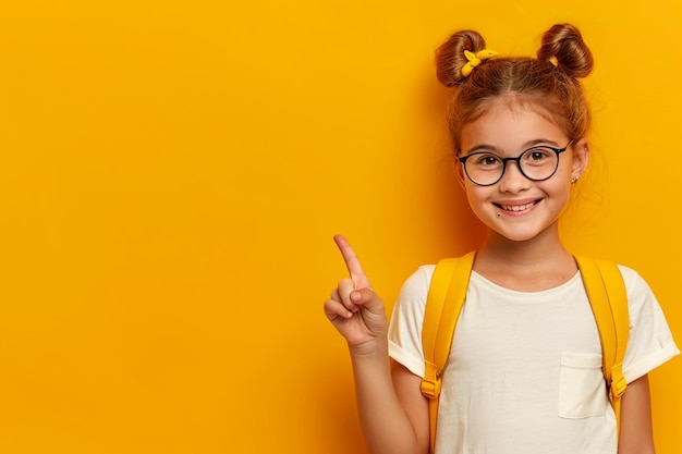 眼鏡と白いシャツを着た女の子が右を指している