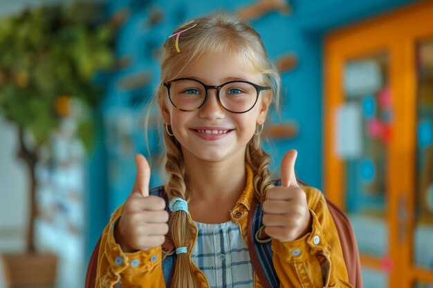 Photo a girl wearing glasses and a yellow jacket with the word  thumbs up  on it