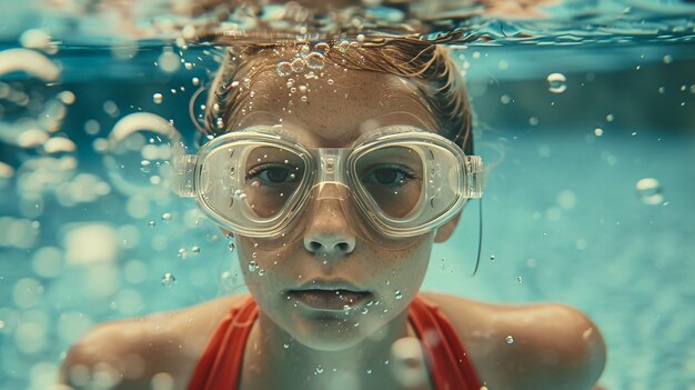 Photo a girl wearing goggles that says  the water is in the water