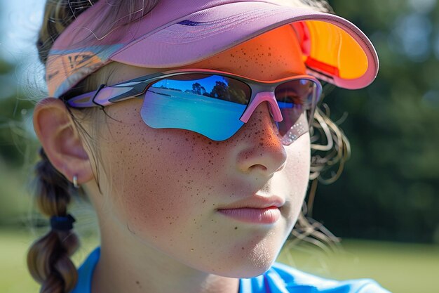 a girl wearing goggles with the sun reflecting on her face