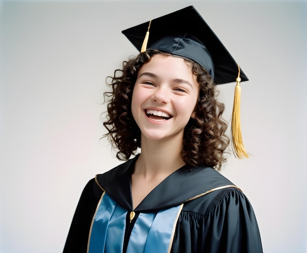 Foto una ragazza che indossa un berretto di laurea e un abito sorride per la telecamera