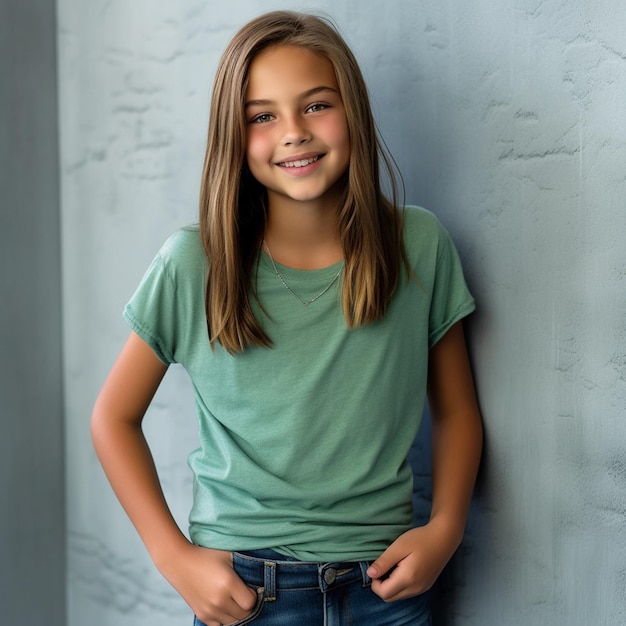 A girl wearing a green shirt and blue jeans stands against a wall.