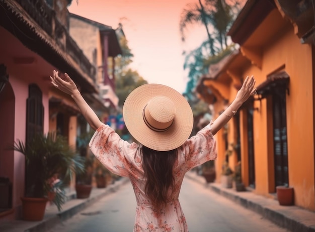 Photo girl wearing a hat as she walks in the narrow street illustration ai generative