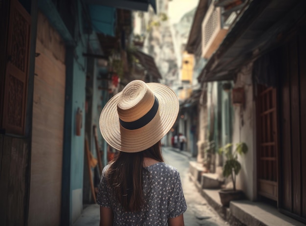 Girl wearing a hat as she walks in the narrow street Illustration AI Generative