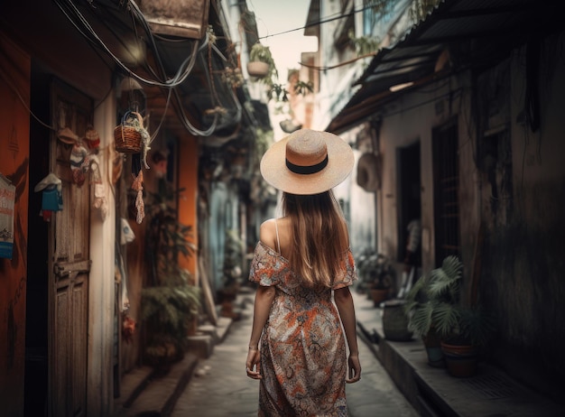 Girl wearing a hat as she walks in the narrow street Illustration AI Generative