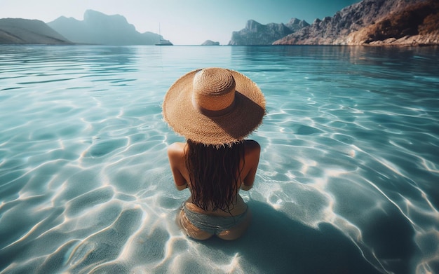 모자를 입은 소녀가 바다로 걸어 가다 바다와 산은 여름 여행의 배경이다