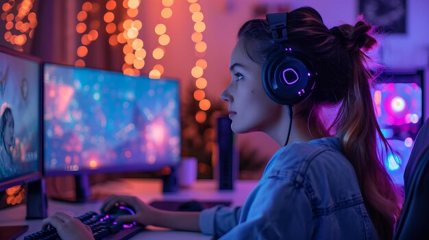 A girl wearing headphones in front of computer screens