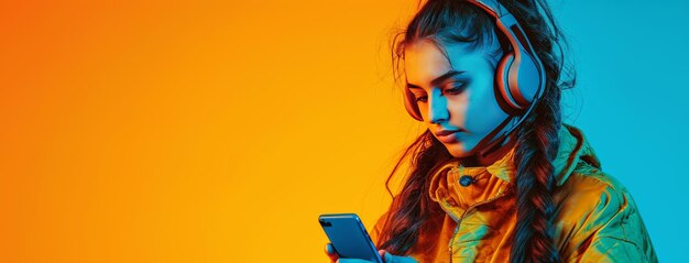 a girl wearing headphones is holding a phone in her hand