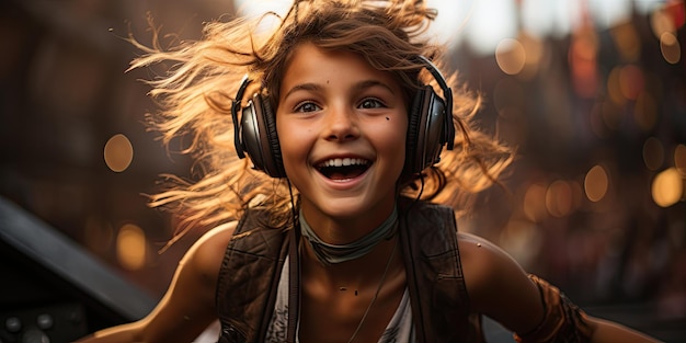 A girl wearing headphones and running