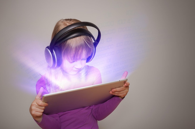 Photo girl wearing headphones while looking at illuminated binary codes emitting from digital tablet