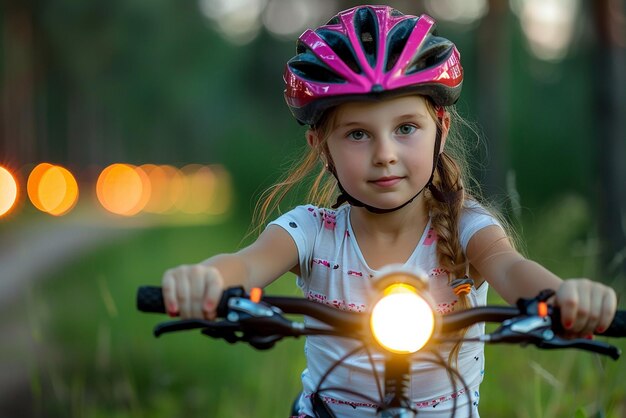 Photo a girl wearing a helmet and a helmet is riding a bike with the light on