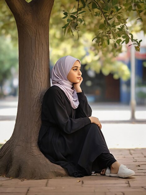 Photo a girl wearing hijab is sitting under a tree