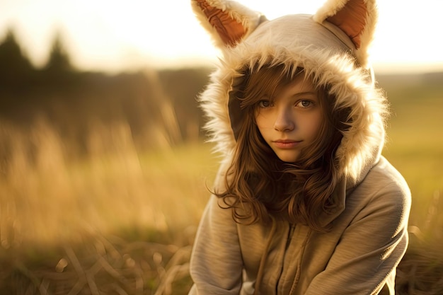 a girl wearing a hoodie with ears