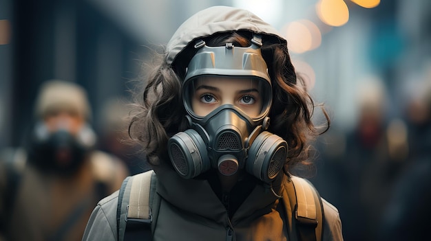 Girl Wearing Mask to Protect from Smog and Air Pollution AI Generated