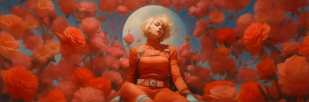 A girl wearing an orange suit among the roses