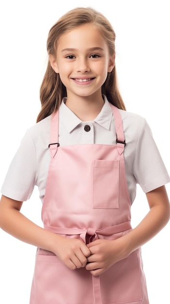 A girl wearing a pink apron with the word cafe on it