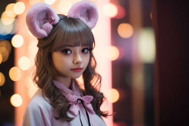 a girl wearing pink bunny ears and a pink dress