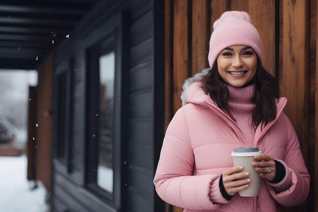 Photo a girl wearing a pink down coat with a coffee