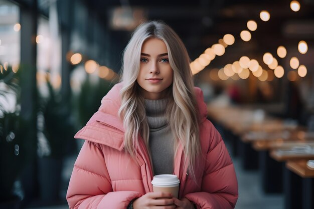 A Girl Wearing a Pink Down Coat with a Coffee