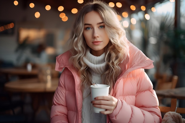 A Girl Wearing a Pink Down Coat with a Coffee