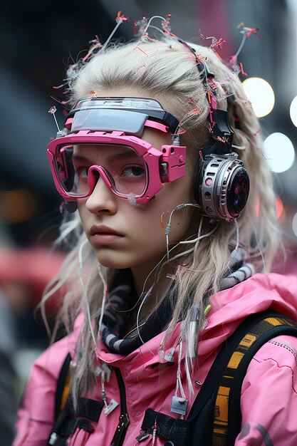 Photo a girl wearing pink and grey goggles and headphones