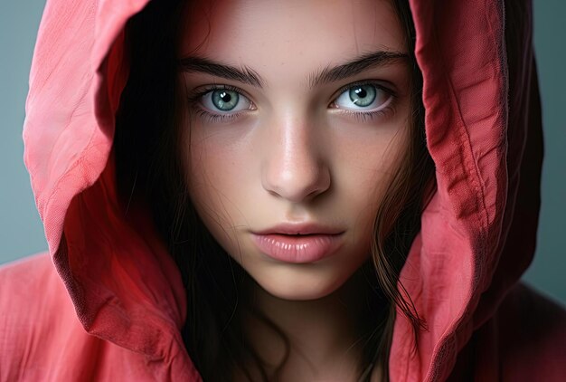 a girl wearing a pink hooded dress and eyeshadow in the style of saturated palette