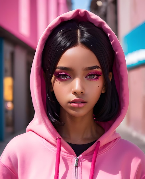 a girl wearing pink hoodie wavy black hair