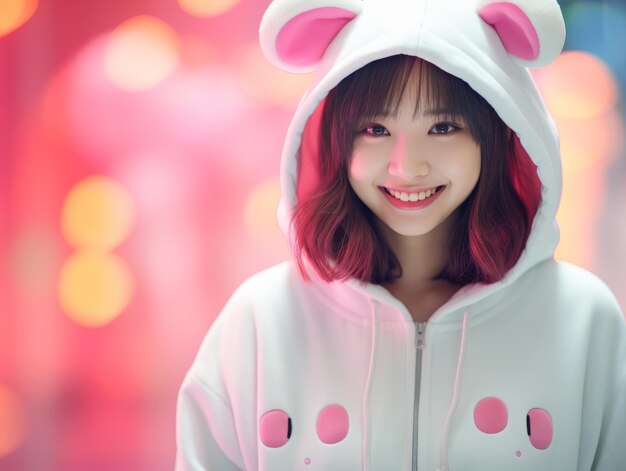 Photo a girl wearing a pink hoodie with a cat face on it