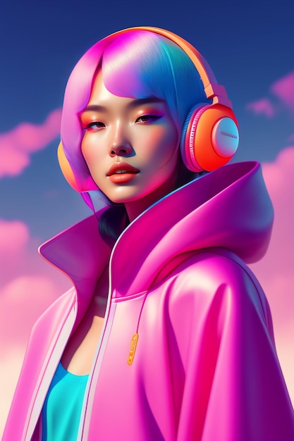 Girl wearing pink jacket with headphones