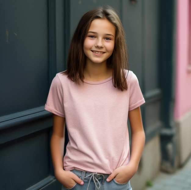 A girl wearing a pink shirt and jeans stands in front of a pink wall.