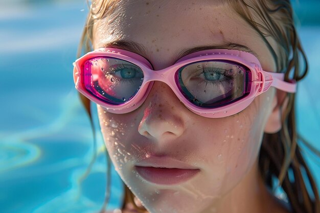 Photo a girl wearing pink sunglasses with the reflection of her face in the water