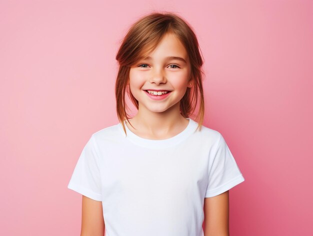 Girl wearing a plain tshirt standing in front of isolated pink background