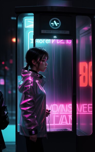 Photo a girl wearing raincoat at night under the rainy sky in a cyber city with neon lights