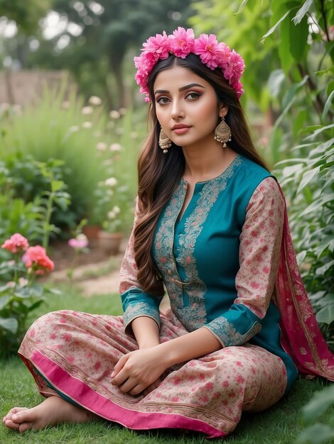 A girl wearing a salwar kameez is sitting in a flower garden with a flower cap on her head