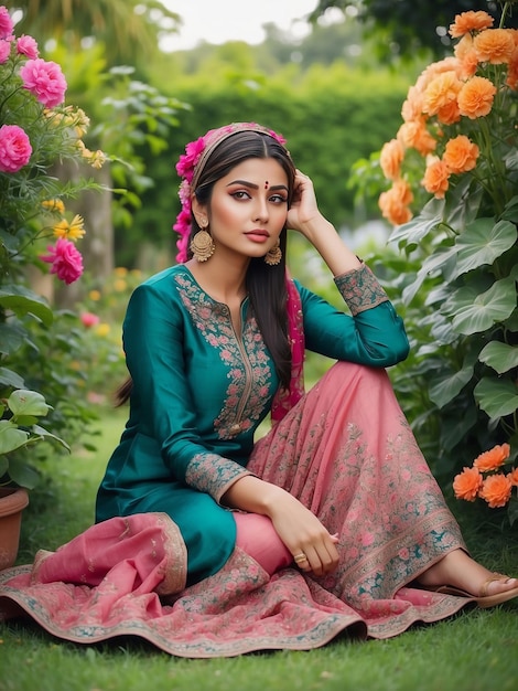 A girl wearing a salwar kameez is sitting in a flower garden with a flower cap on her head