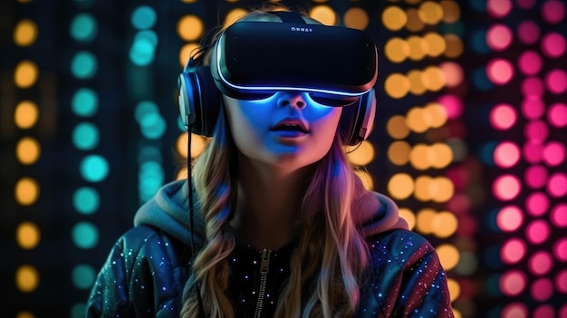 A girl wearing a samsung gear vr headset in front of a multicolored background