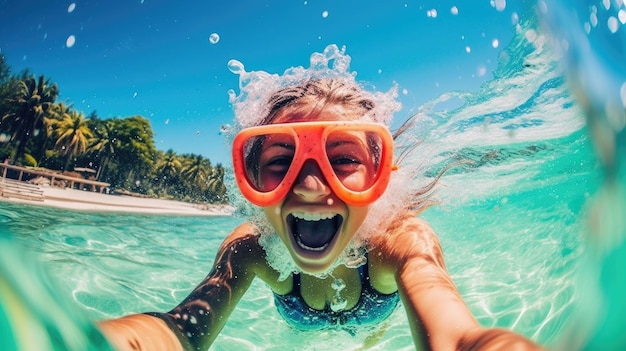 A girl wearing a snorkeling mask and swimming in the sea.