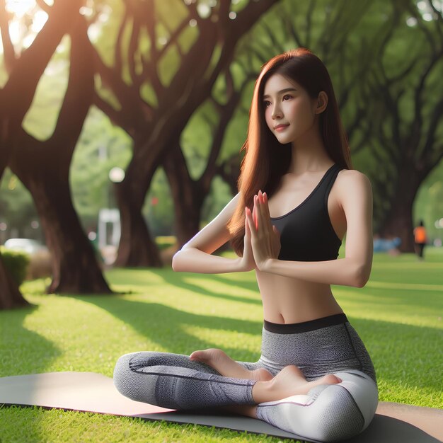 girl wearing sport clothes make yoga in the public park