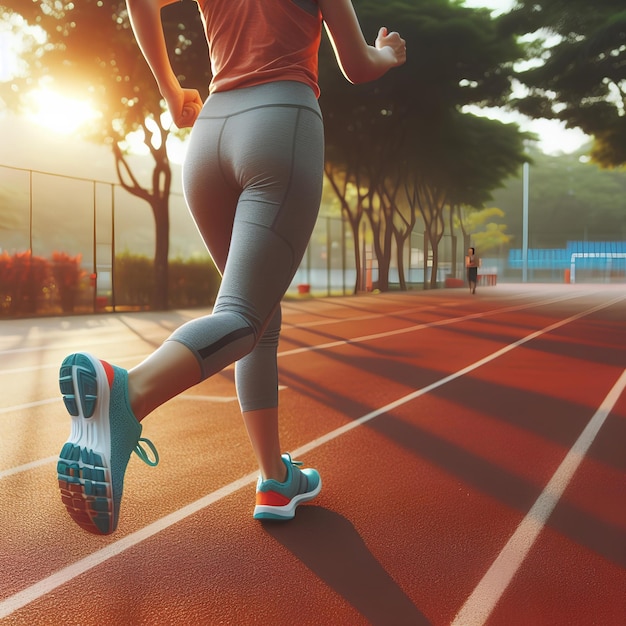 Foto ragazza che indossa scarpe sportive corre in una gara di pista nel parco pubblico