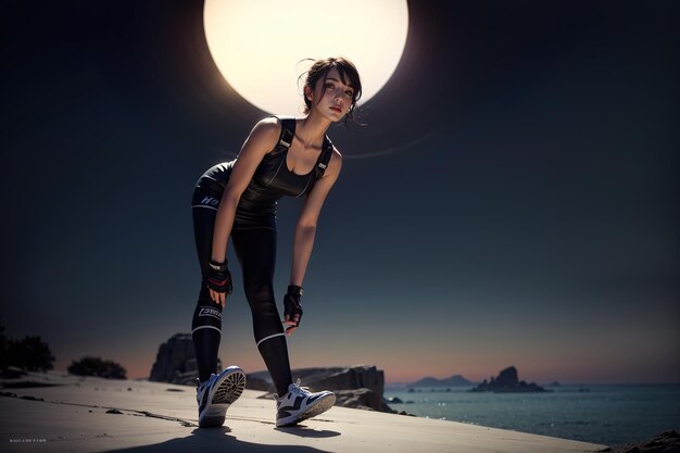 A girl wearing a sports uniform poses bent over for a photo in a studio ads