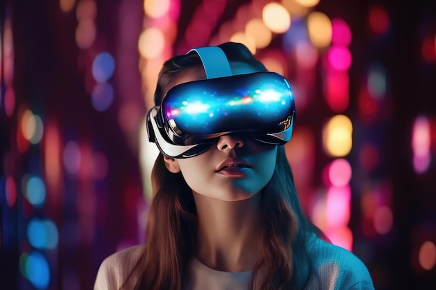 Girl wearing virtual reality goggles AI